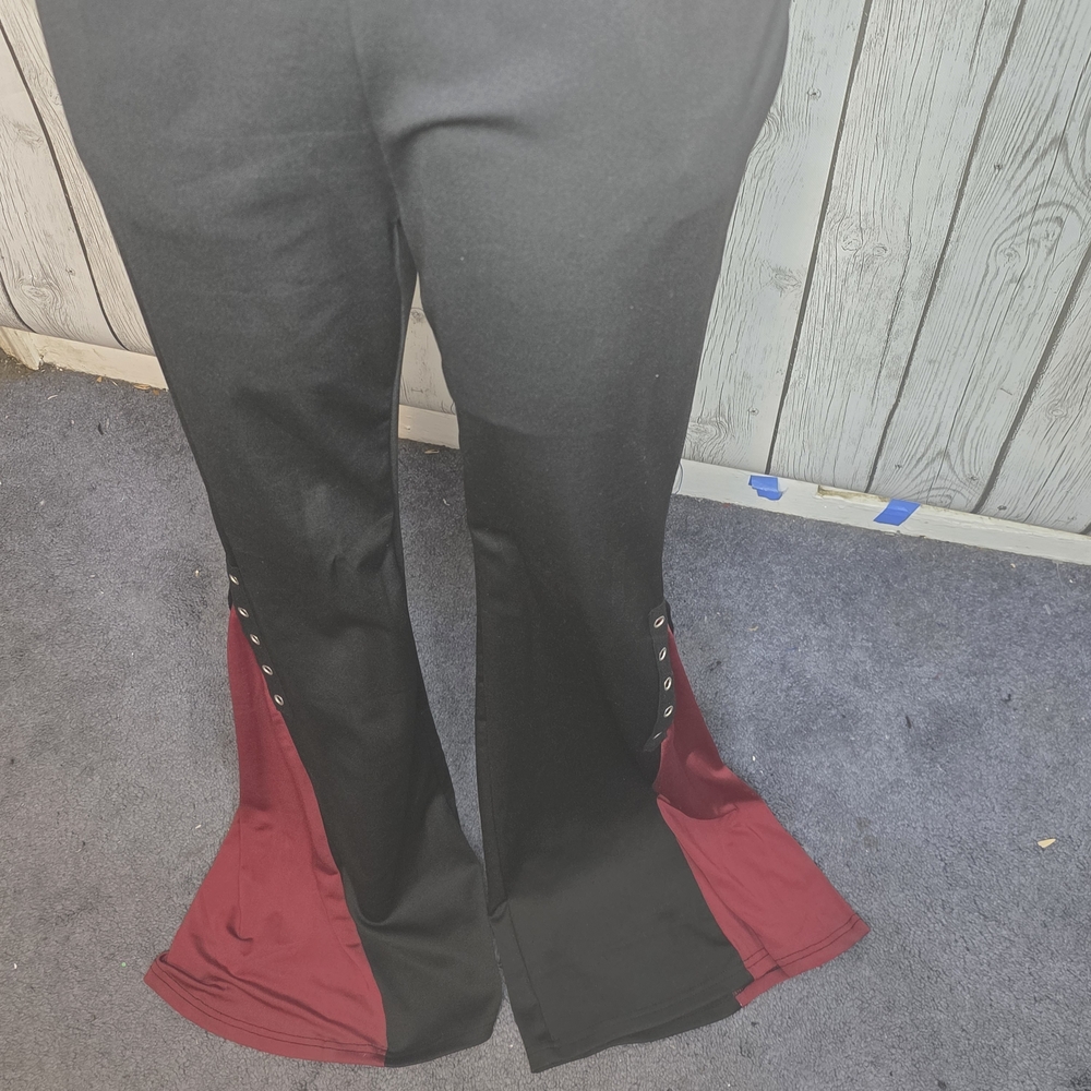 NWT Rosegal Black Grommet Flare Pants Burgundy Goth Steampunk M - Picture 2 of 8